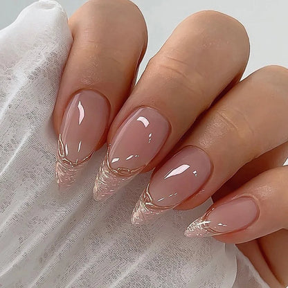 24Pcs Detachable Almond False Nails with Pearl Decoration Elegant Designs French Fake Nails Full Nail Art Tips Press on Nails