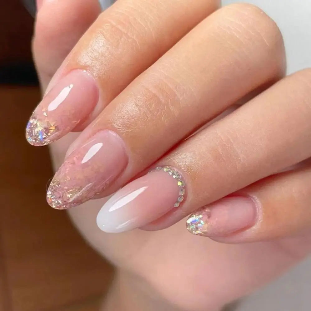 24Pcs Detachable Almond False Nails with Pearl Decoration Elegant Designs French Fake Nails Full Nail Art Tips Press on Nails